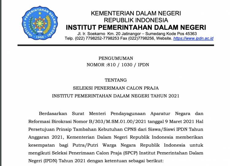 SELEKSI PENERIMAAN CALON PRAJA INSTITUT PEMERINTAHAN DALAM NEGERI TAHUN 2021